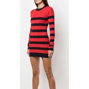 Monse Large Striped Cut Out Knit Mini Dress Red Black Wool Blend Long Sleeves